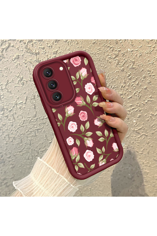 Samsung Galaxy S22 Compatible Burgundy Background Rose Flower Pattern Soft Silicone Shockproof Case