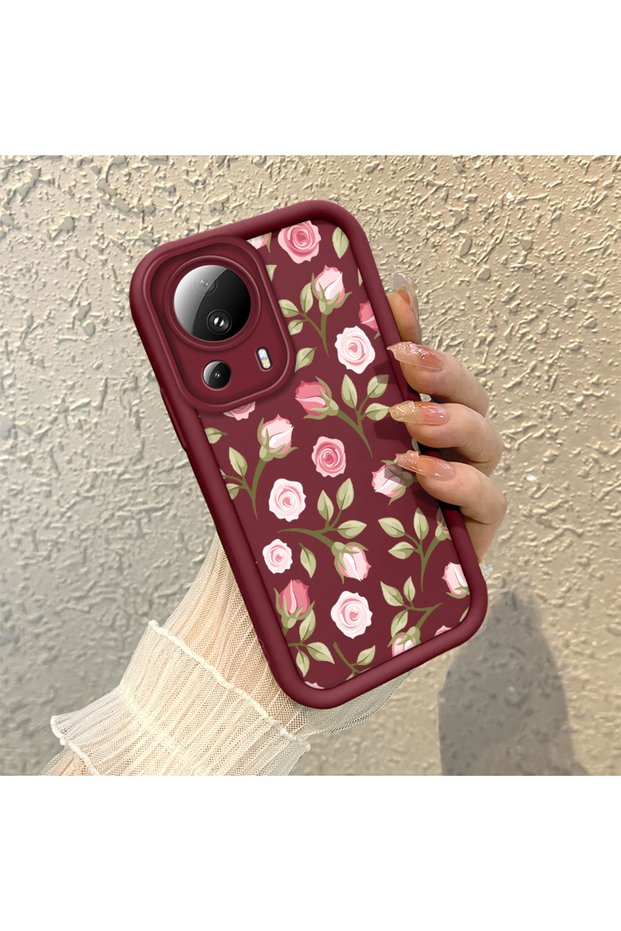 Mi 13 Lite Compatible Burgundy Background Rose Flower Pattern Soft Silicone Shockproof Case