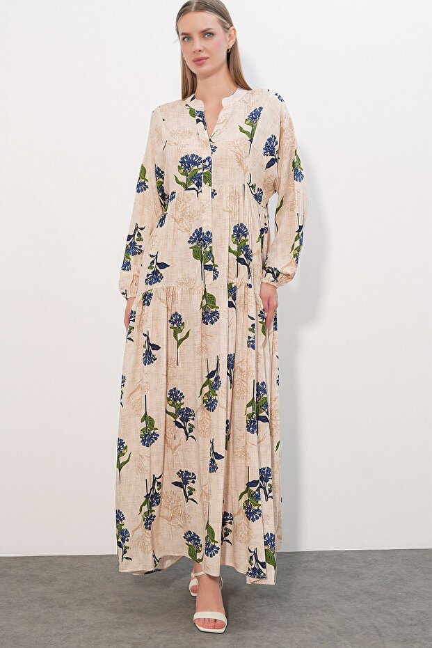 Bdart Ethnic Patterned V-Neck Buttoned Maxi Dress