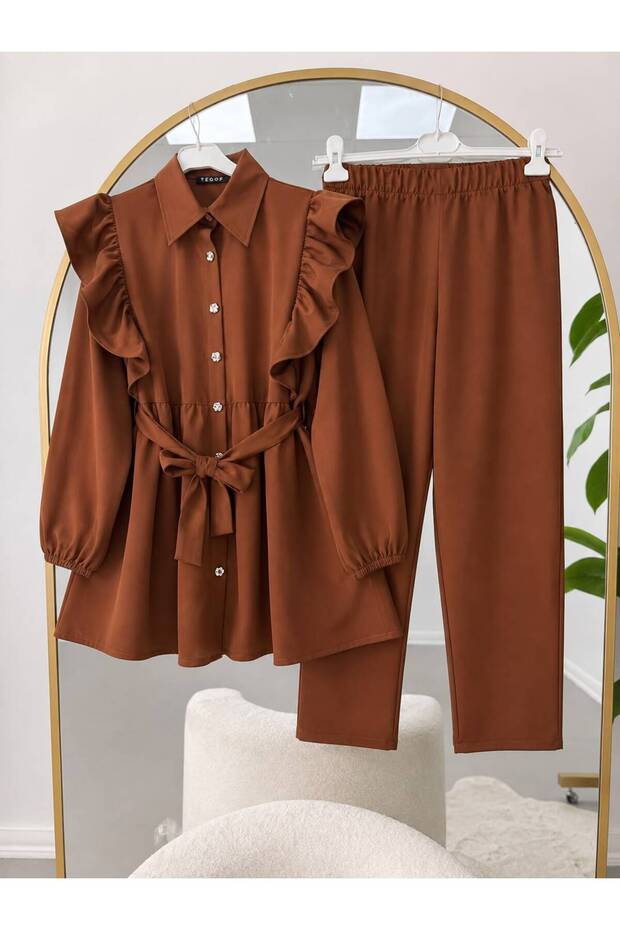 Women's Ruffle Detailed Sleeveless Hijab Suit with Drawstring Pants