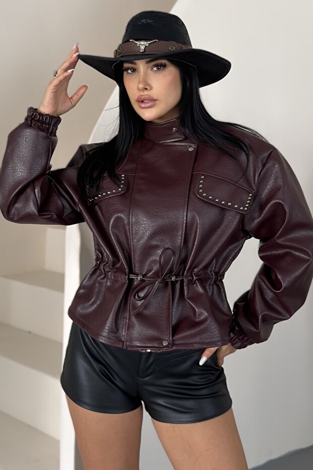 Women's Faux Leather Jacket High Collar Stone Detailed Bomber Jacket | New Season