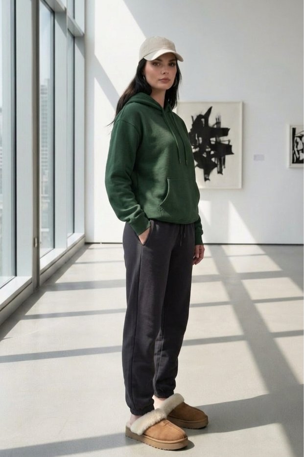 Women's Green Hooded Sweatshirt and Black Leggings with Rubber Detail Tracksuit Set