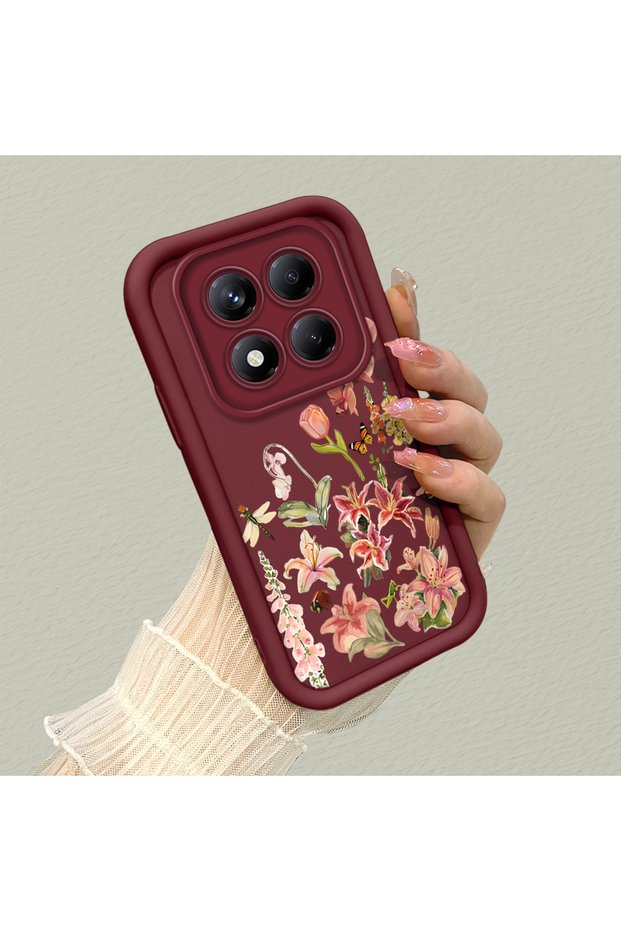 Redmi Note 14 Pro 4g Compatible Soft Silicone Case with Burgundy Background and Rose Flower Pattern