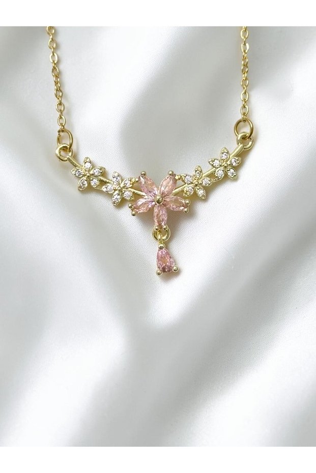 Gold Color Pink Detailed Magnolia Zircon Stone Steel Necklace
