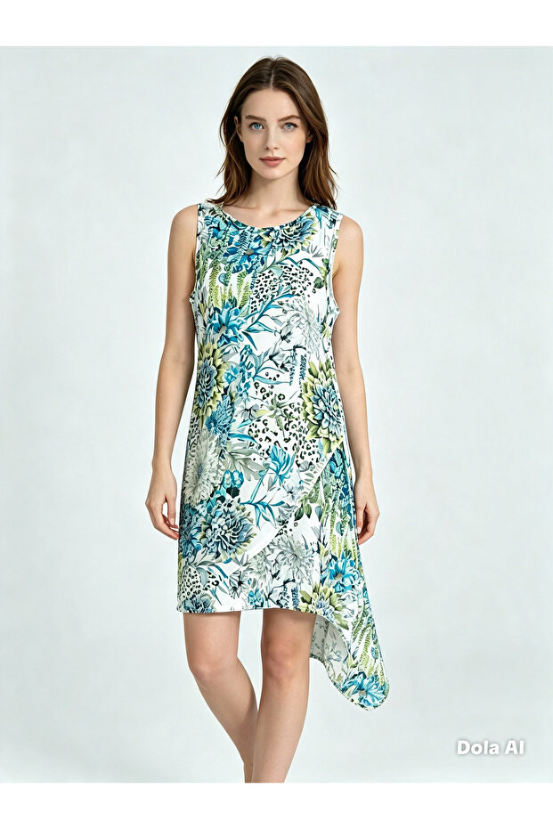 - Asymmetrical Cut Blue Floral Patterned Dress with Slits