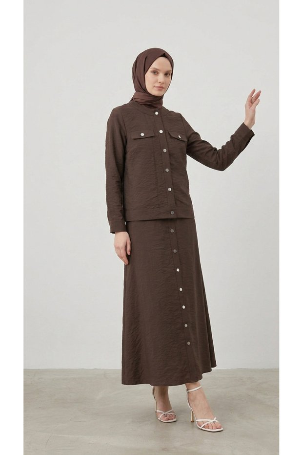 Women's Snap Fastener Skirt Suit Brown