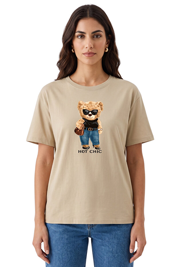 Women's Stone Hot Chic Teddy Bear Printed 100% Cotton Comfortable Fit T-Shirt