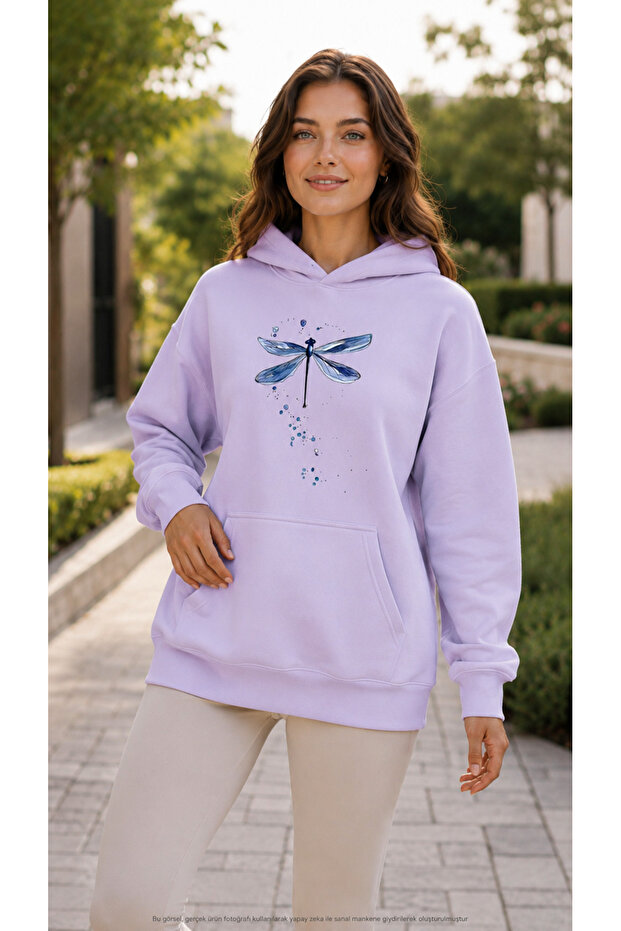 Women's Dragonfly Graphic Printed Hooded Kangaroo Pocket Casual Basic Sweatshirt