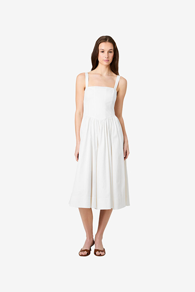 Women's Sum Wht Ctn Stn Fitted Bodice Midi Dress
