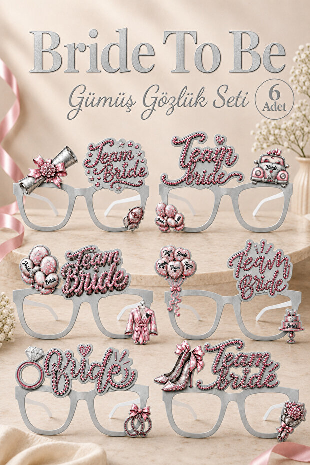 Bride to Be Silver 6-Piece Cardboard Glasses Set with Team Bride Written Bachelorette Bridal Party Accessory