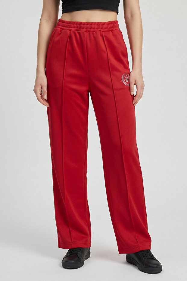 Women Regular Fit Embroidered Track Pants, Red