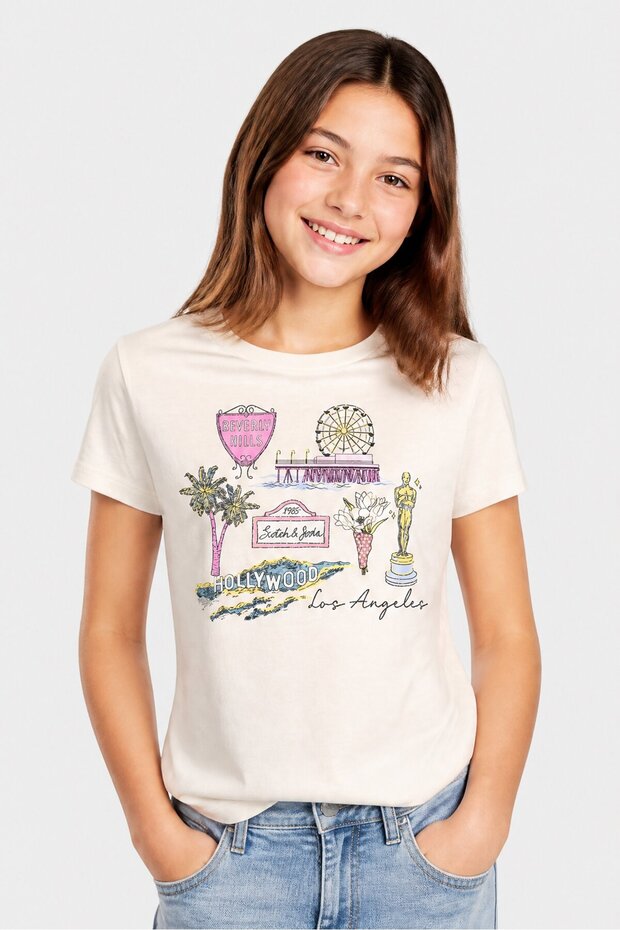 Kids Girl Crew Neck Short Sleeve Graphic Print Top, Cream