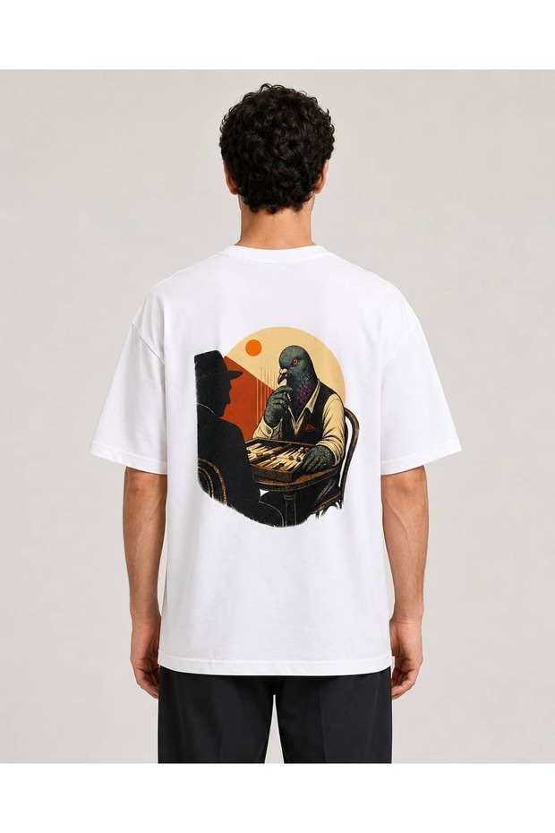 Pigeon Backgammon Printed White Oversize Design T-Shirt