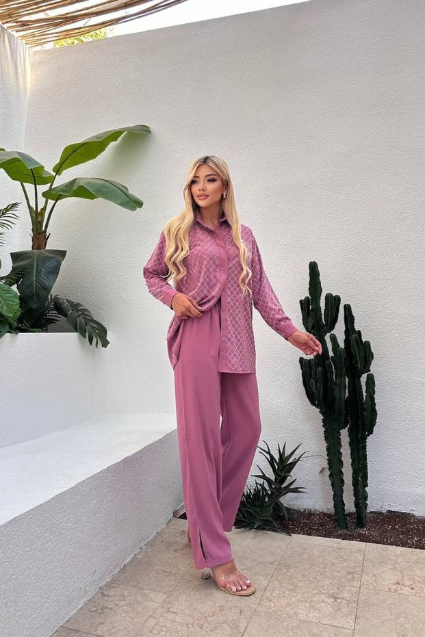 Women's Hidden Pocket Stone Embroidered Shirt and Pants Woven Fabric Two-Piece Suit Suitable for Tesettüre