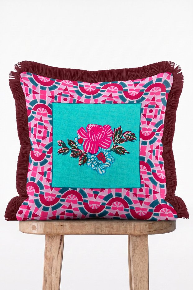 Retro Mosaic Garden Turquoise Floor Patterned Floral Fringed Throw Pillow Cover