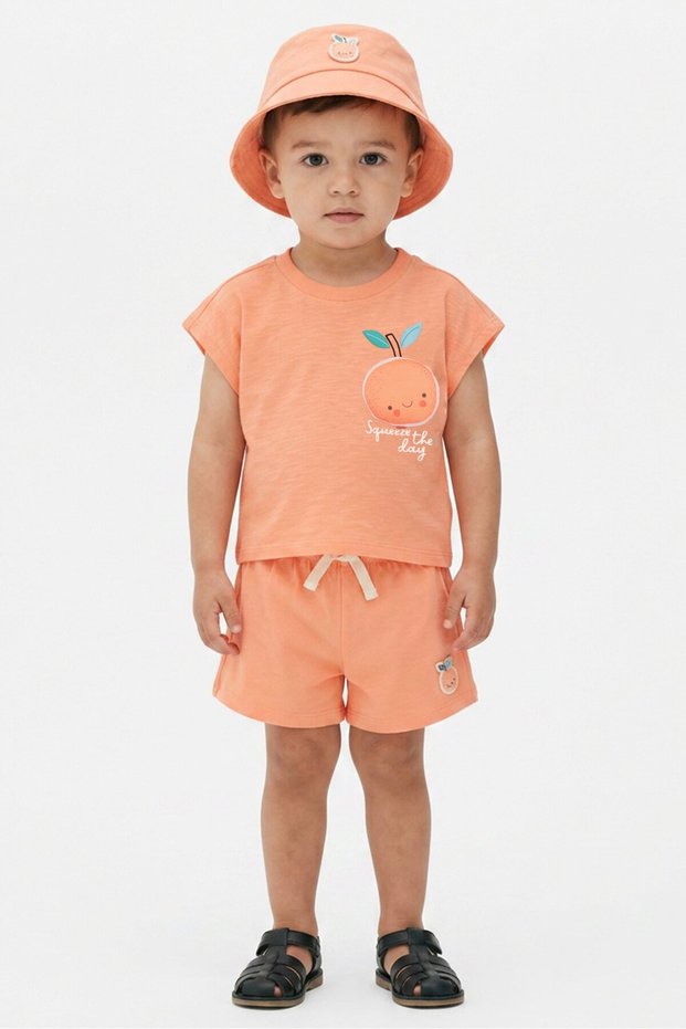 Toddlers Boy 3 Pcs Graphic Print T-Shirt And Shorts With Hat Set, Dark Peach