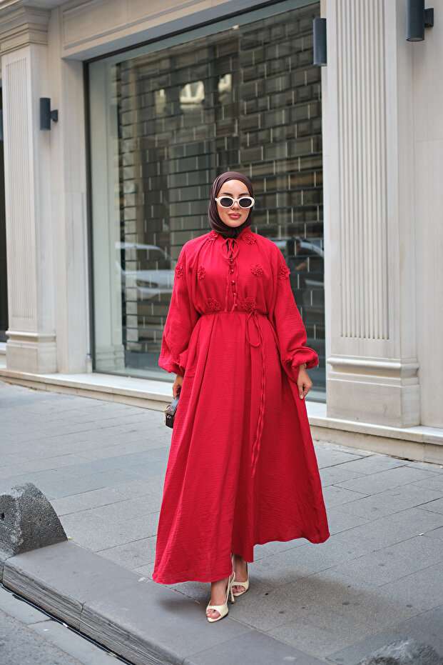 Women's Floral Embroidery Detailed Collar Tie Dress Red