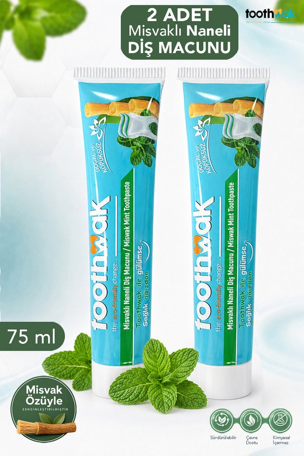 2-Pack Toothpaste with Miswak - Natural and Foam-Free Toothpaste with Mint Flavor and Whitening Effect
