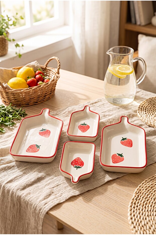 Breakfast Presentation Plate Strawberry Patterned Four-Piece Ceramic Sauce Bowl Snack Bowl Set with Red Edges