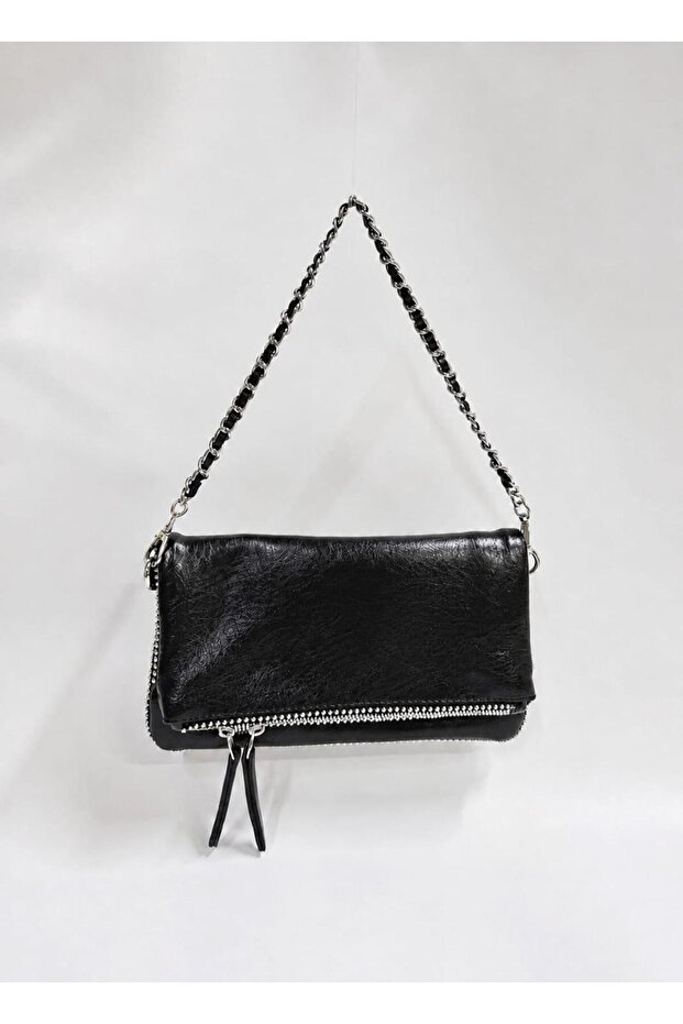 Black Soft Leather Bag with 2 Chain Straps and Chain Detail