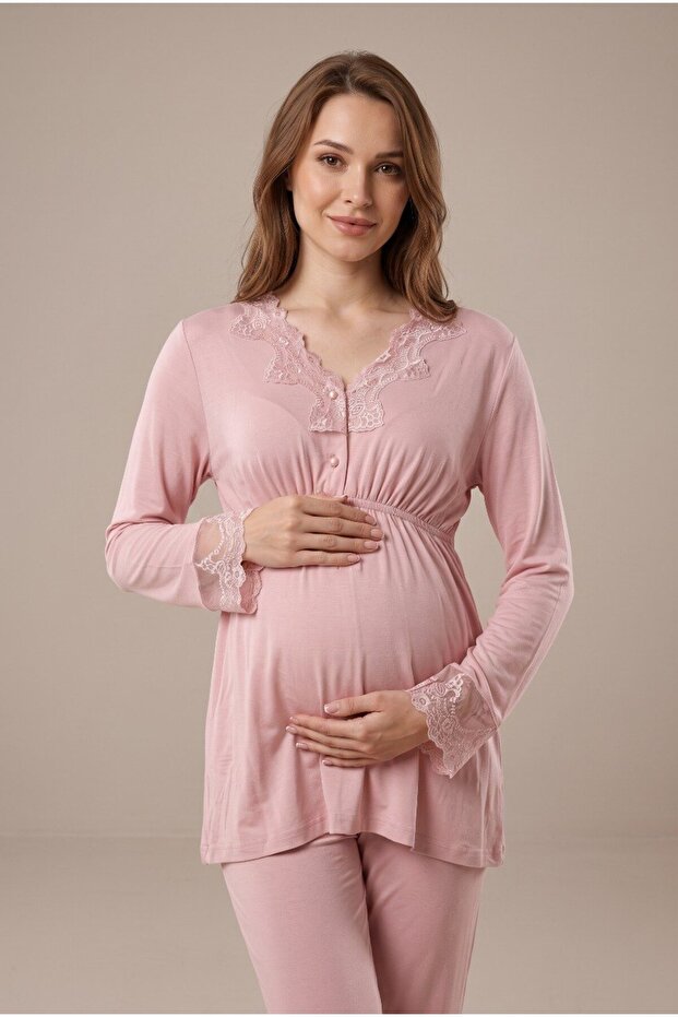 Women's Powder Lace Buttoned Maternity Pajama Set for Easy Breastfeeding