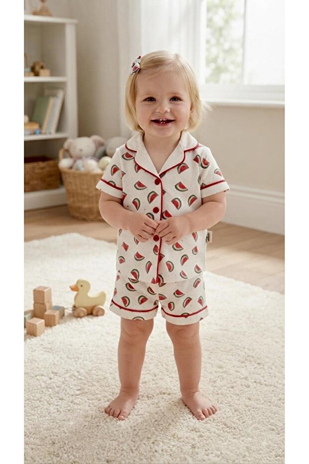 Dlş 6143 Baby Girl 100% Cotton Watermelon Buttoned Shorts Pajama Set