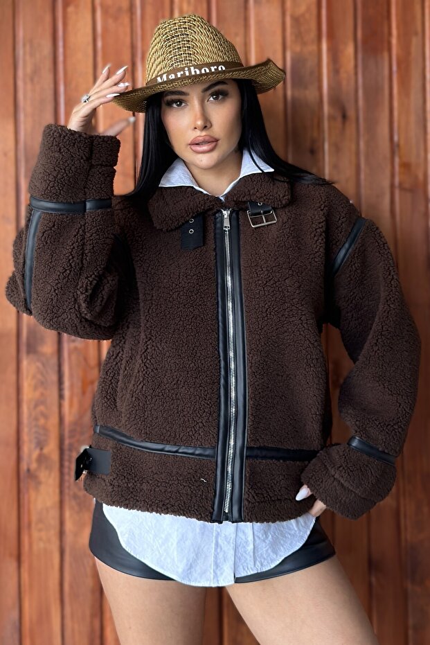 Women's Leather Striped Stand Collar Plush Jacket - Oversize Teddy Biker Coat