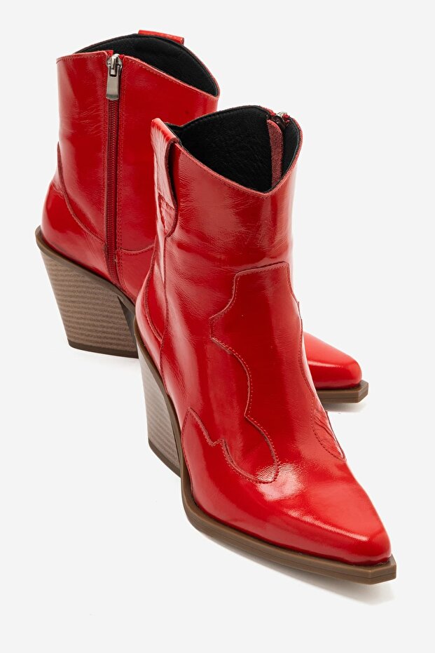 Wemma Women's Genuine Leather Zippered Western Boots Red