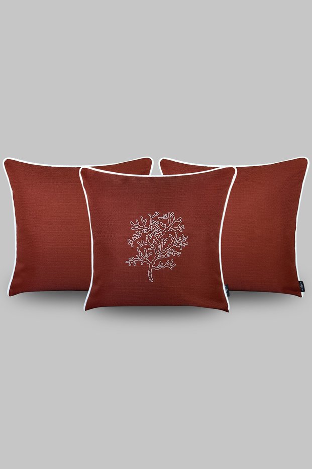 Embroidered Moss Patterned Decorative Piping Edged Water Repellent Fabric Orange 45*45 cm Triple Throw Pillow Cover Set Boat - Garden - Balcony
