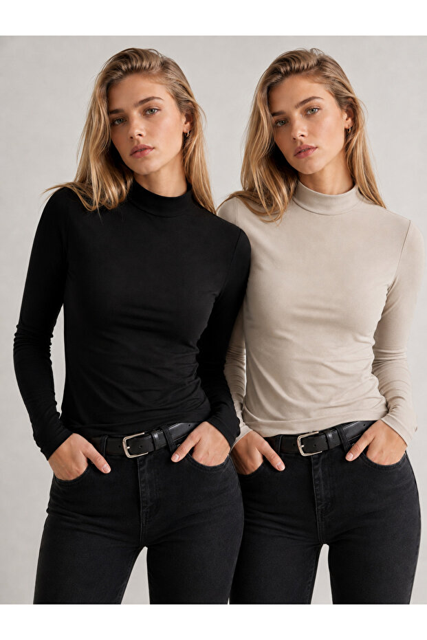Set of 2 95% Cotton Half Turtleneck Sweat-Proof Breathable Long Sleeve Bodysuits