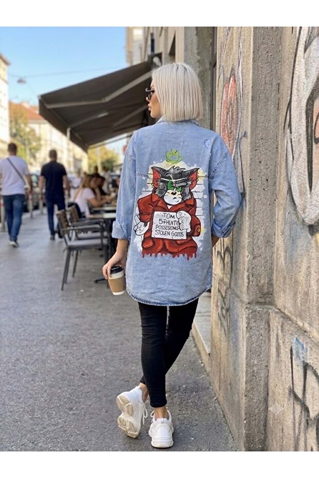 Oversize Denim Shirt with Cartoon Print on the Back - Jacket