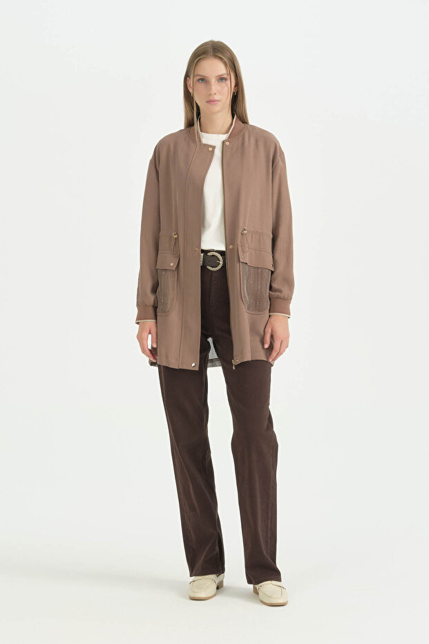 Ribbed and Mesh Detailed Drawstring Waist Cap - Light Brown