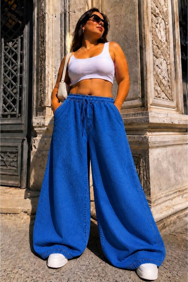 44-52 Size 100% Denim Elastic Waist Oversize Wide Leg Pants – Soft Textured Comfortable Cut Jeans