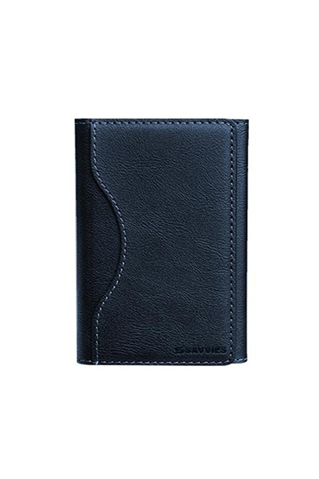 Leather Trifold Card Holder with Magnetic Closure 6 Slots ID Window Photo Window Unisex Blue
