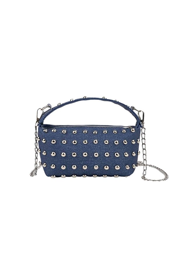 Navy Blue Denim Staple Detailed Chain Strap Women's Shoulder & Crossbody Bag Zb003