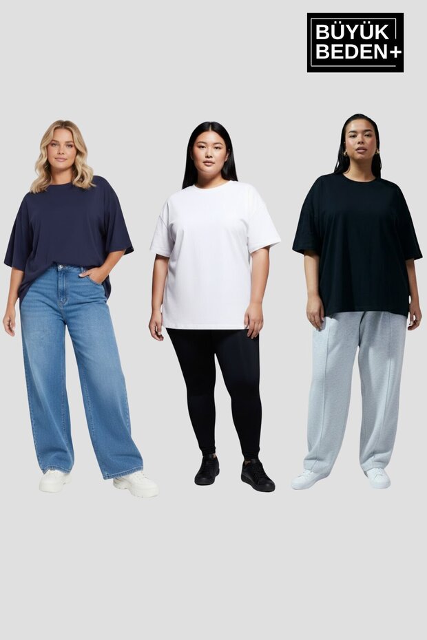 Big Size Women's Basic 3Xl-6Xl Crew Neck 3-Piece T-Shirt Set Spr26Btsk510+3