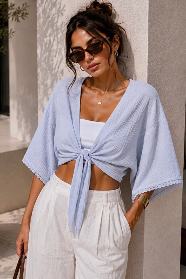 Muslin Lace Short Tie-Up Bolero My2786