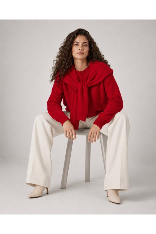 Shawl Detailed Crew Neck Oversize Knitwear Sweater Aw26Kz0003
