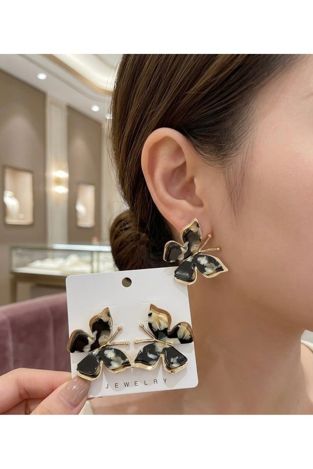 Acetate Effect Butterfly Model Gold Framed Earrings in Black and White Tones