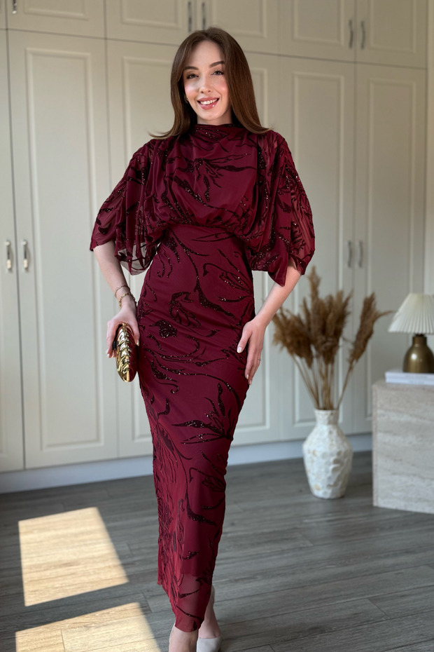 Midi Burgundy Dress with Cape Sleeve Detail and Glitter Pattern
