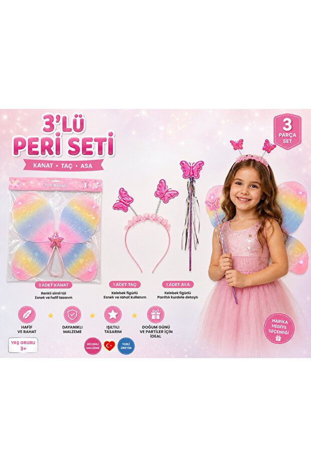 Pink Butterfly Themed 3-Piece Set Wing Crown Scepter