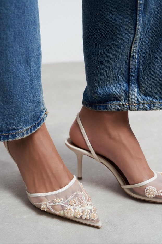 Shine Beige Mesh Bead Detailed Pointed Toe Women's Heeled Shoes
