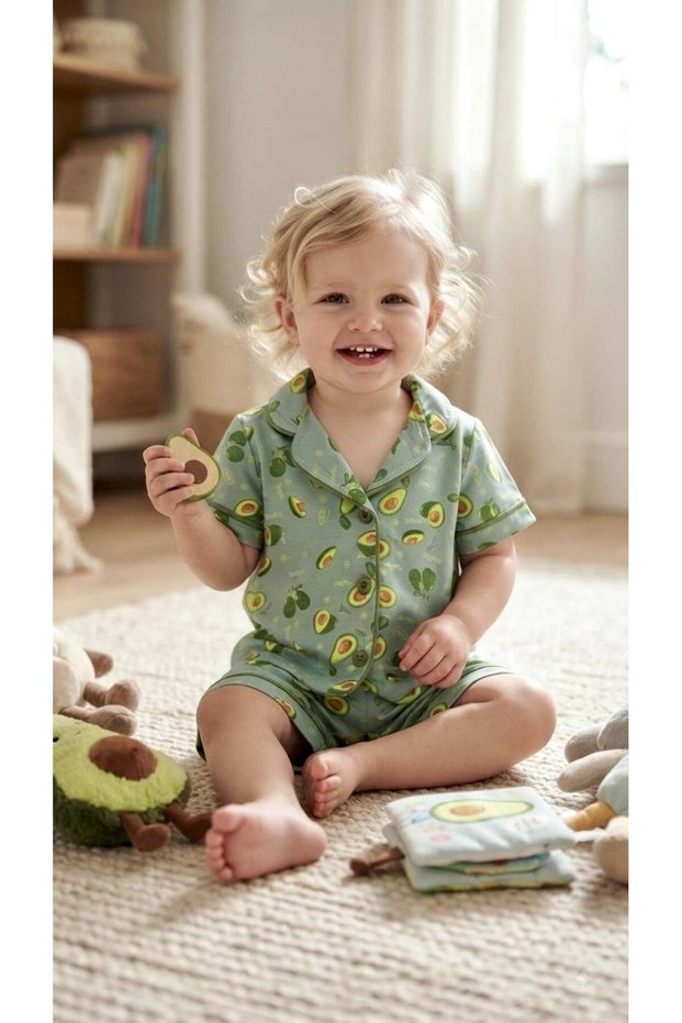 Dlş 6131 Baby Girl 100% Cotton Green Avocado Buttoned Shorts Pajama Set