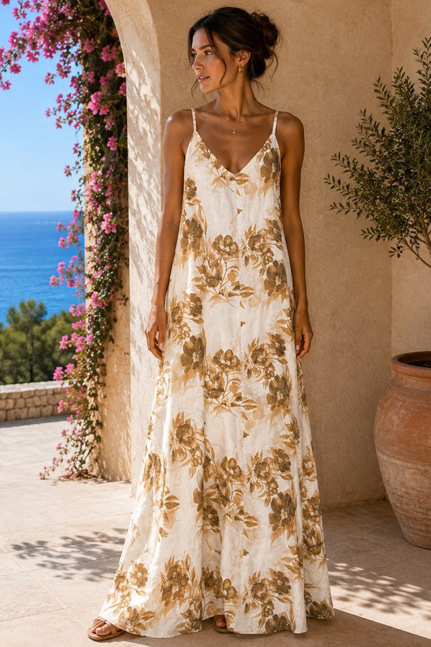 Women's Patterned Strappy V-Neck Long Summer Dress