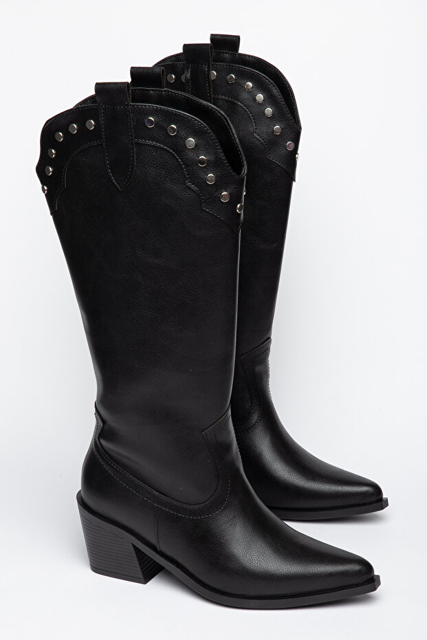 Black Leather Trok Detailed Black Sole Western Cowboy Boots