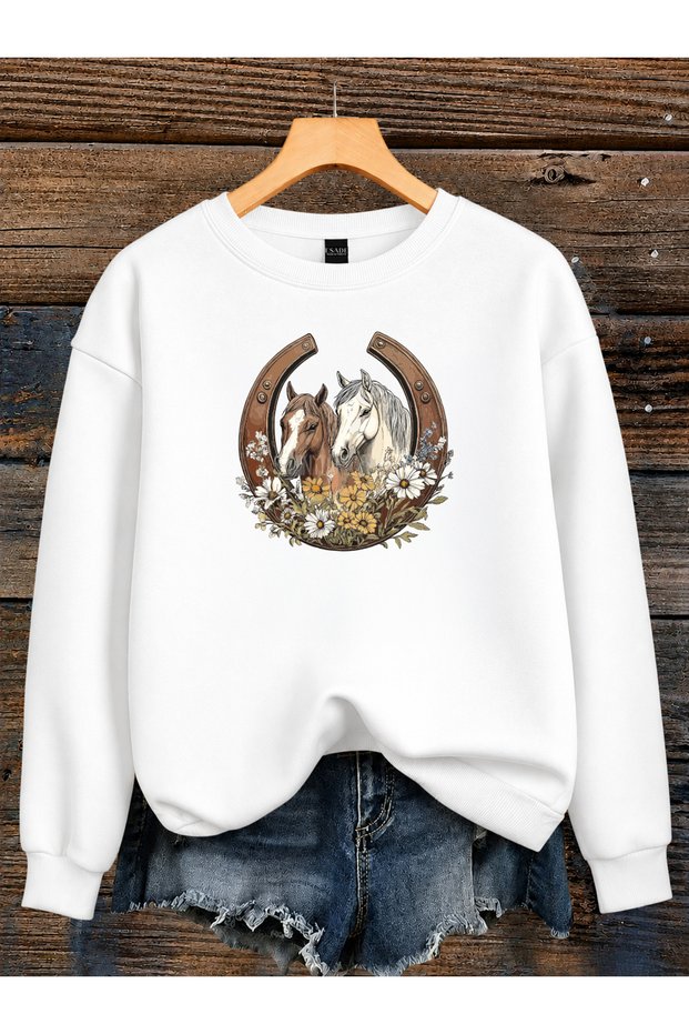 Women's Horseshoe Flower Graphic Printed Comfortable Fit Crew Neck White Sweatshirt