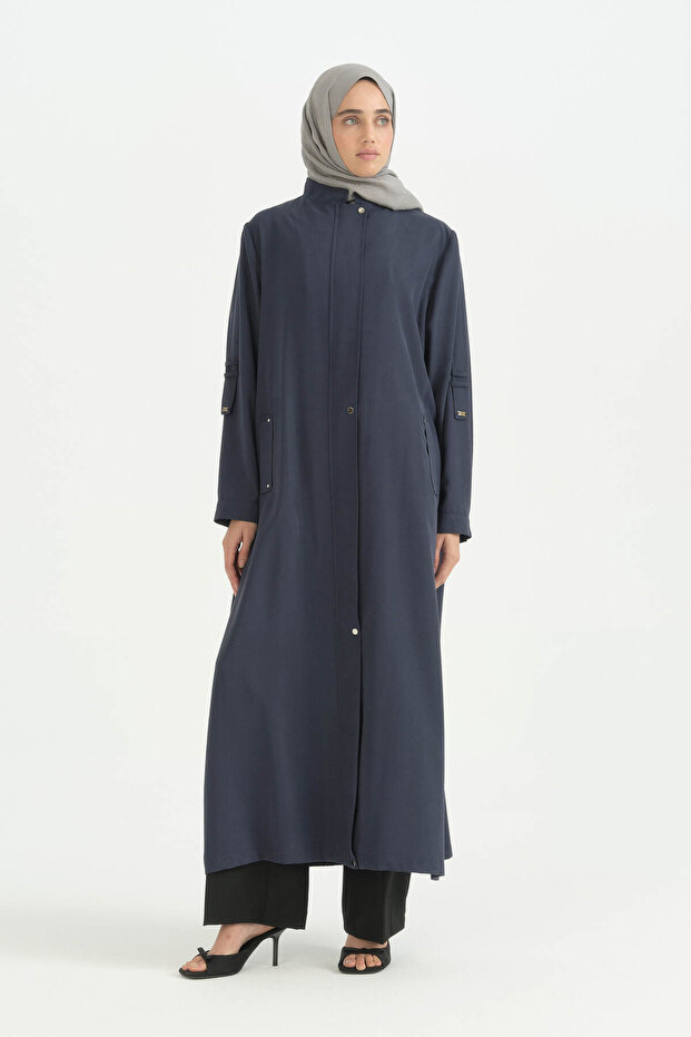 Plus Size Modal Robe with Sleeve Detail - Navy Blue