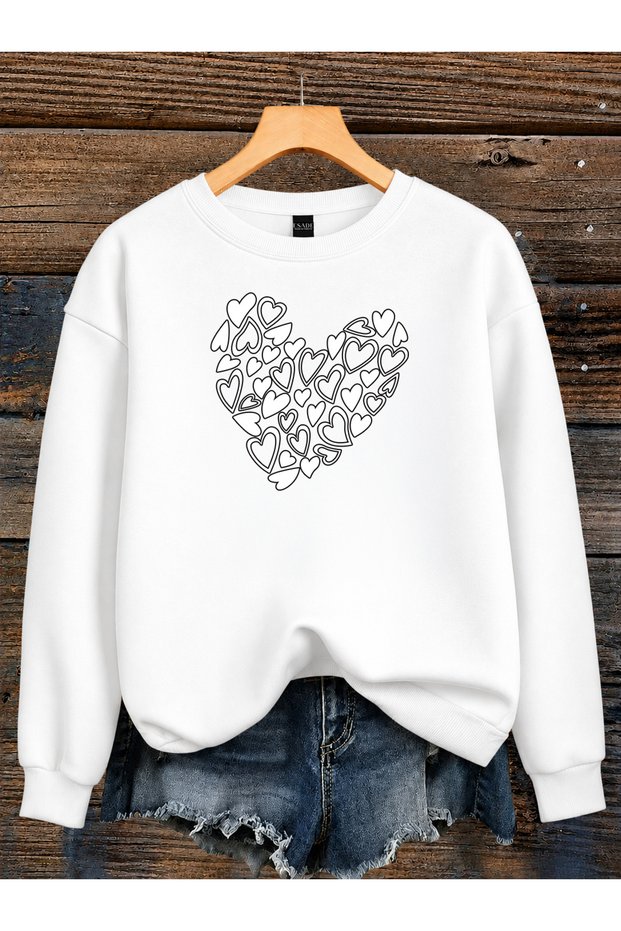 Women's Multi Heart Printed Comfortable Fit Crew Neck White Casual Sweatshirt