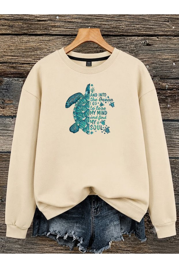 Women's Green Turtle Printed Comfortable Fit Crew Neck Beige Sweatshirt