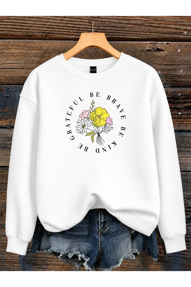 Women's Be Careful Floral Bouquet Printed Comfortable Fit Crew Neck White Sweatshirt